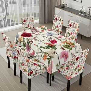 5/7-piece 2D Flat Printing Happy Spring with Blooming Flowers Printing Pattern Tablecloth and Chair Covers Set, for dining table and chair decoration, perfect for home, holiday gatherings, restaurants, and parties.