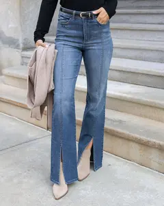 Front Slit Aged Mid-Wash Jeans