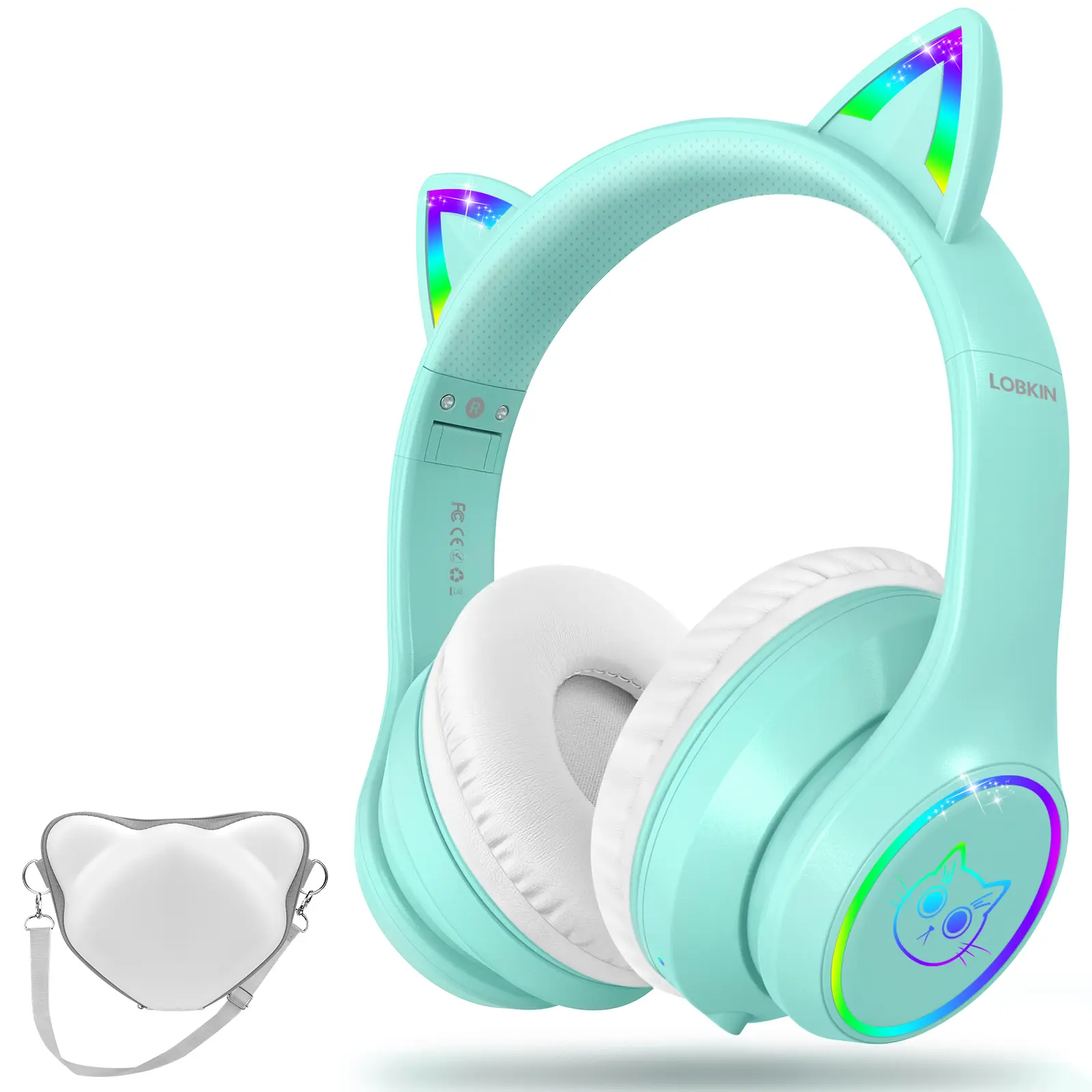 LOBKIN Bluetooth 5.4 Kids Over-Ear Headphones with Case - RGB LED Light-Up Cat Ears, Folding Adjustable Sponge Cushions, Wireless/Audio 3.5mm Wired Mode Electronic Device for Boys & Girls