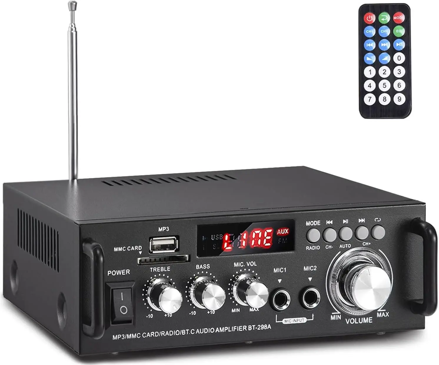 298A Max 300Wx2   5.0 Stereo Audio Amplifier, RMS 40Wx2 Power Amp 2  Stereo Receiver for  Theater Speakers, Bass & Treble Control, USB/SD/RCA/MIC/FM in, Remote