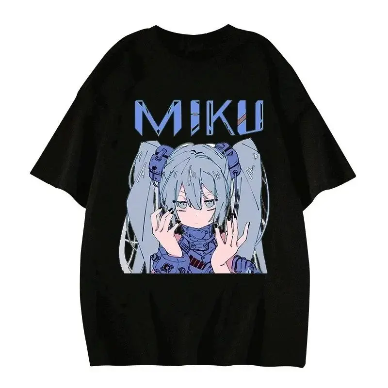 Men's Anime Top with Miku Cartoon Style Print, Slim Fit Pullover for All Seasons, Machine Washable, Cotton, Crew Neck, Casual, Graphic, Shortsleeve, Menswear, Round Neck, Soft, T-Shirt, Anime Print, Slim Cut, 100% Cotton