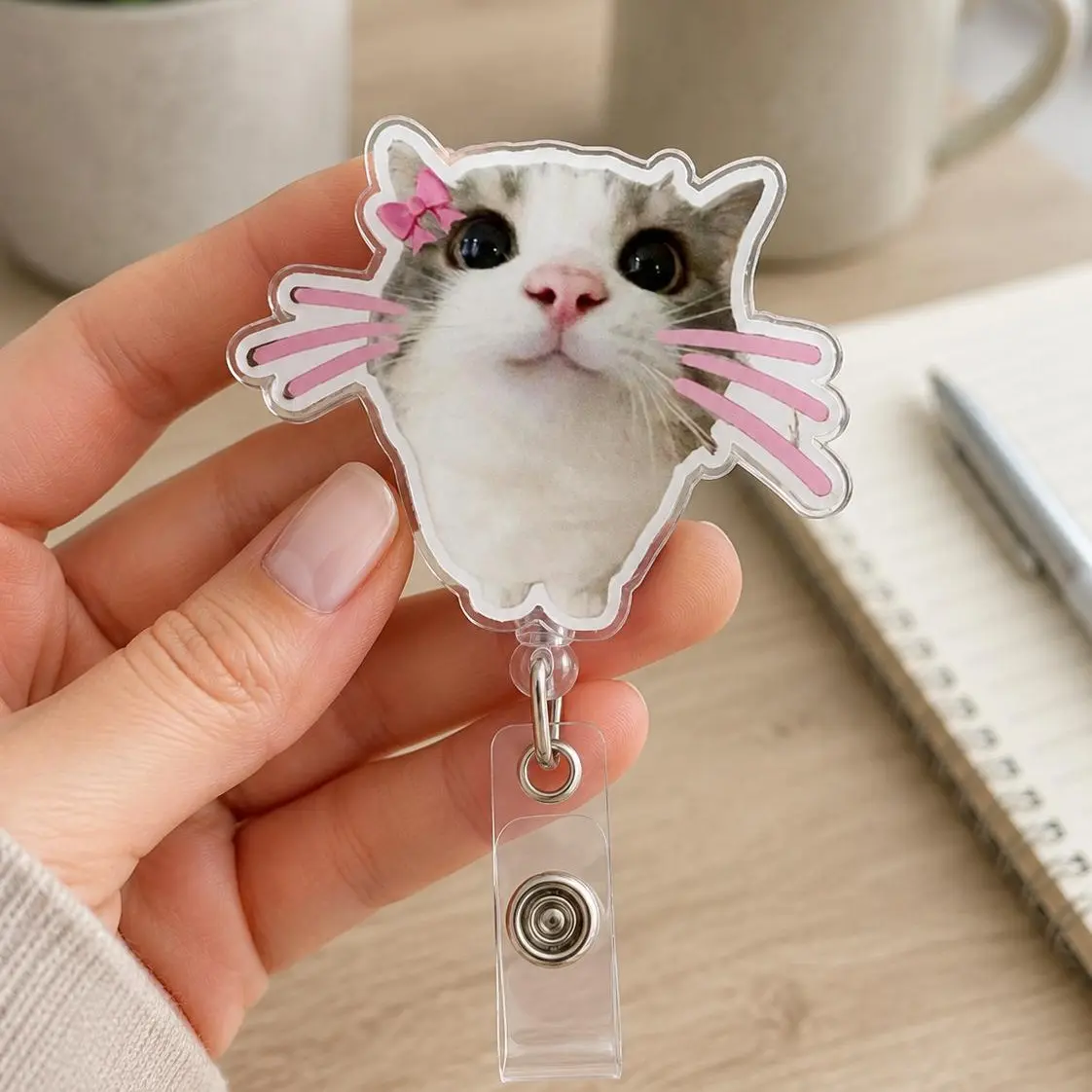 Cute Meme Cat Badge Reel, Funny Kitty ID Badge Holder, Retractable Nurse Badge Reel, Pink Bow Cat Gift for Nurses