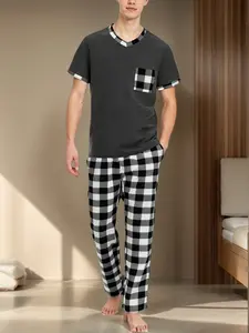 Men's Summer Print Short Sleeve Long Pants Set, Casual Loose Fit Soft Skin-Friendly Sleepwear, Comfortable Lightweight Pajamas Loungewear