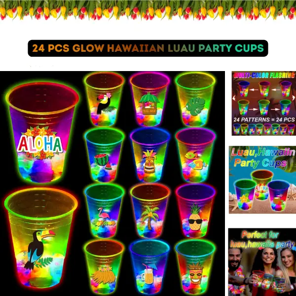 24PCS Glow Hawaiian Luau Party Cups 16oz | Flashing Tiki Cups with LED Lights | Tropical Summer Party Decorations, Pool Party Supplies & Drinkware Favors
