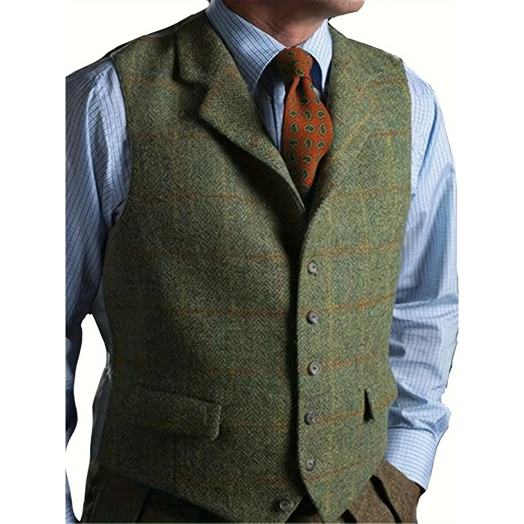 Mature Men's Formal Wool Blend Waistcoat - Vintage, Single-Breasted, Sleeveless, Notched Collar, All-Season Fit, Multi-Size for Weddings, Solid