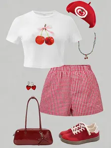 Cherry Print Crop Top & Red Plaid Shorts Two Piece Set, Sweet Girl Style Outfit with Beret & Heart Earrings, Cute Clothing Set, Summer Clothes Set, Summer Clothing Set