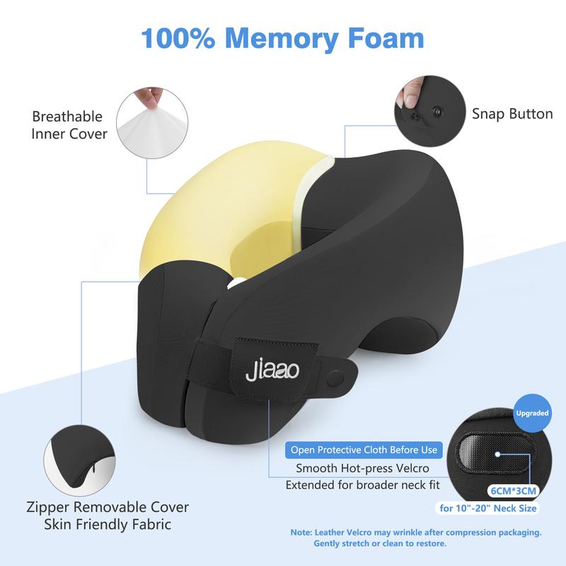 Jiaao 2-in-1 Travel Neck Pillow with 3D Eye Masks & Earplugs - Comfortable Memory Foam U-Shaped Pillow for Airplanes & Naps - Adjustable Velcro & Removable Pillowcase - Portable Storage Bag Included