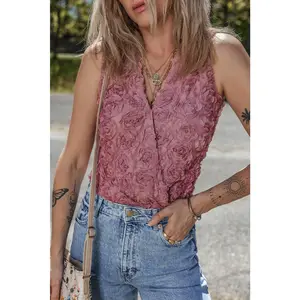 Heather Floral Textured V Neck Wrapped Sleeveless Bodysuit