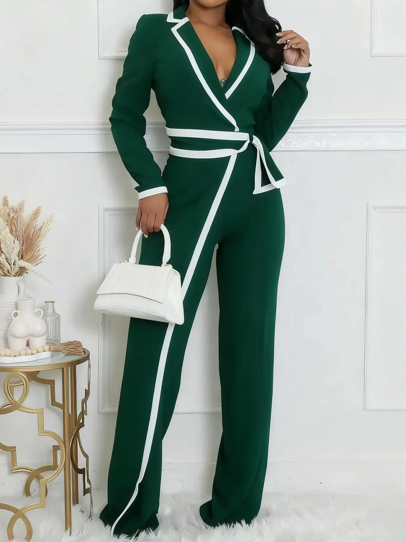 Women's Patchwork Print Belted Overalls Jumpsuit, Elegant Fitted Knit Long Sleeve Jumpsuit for Work Office Business, Ladies Womenswear Fall & Winter Clothes