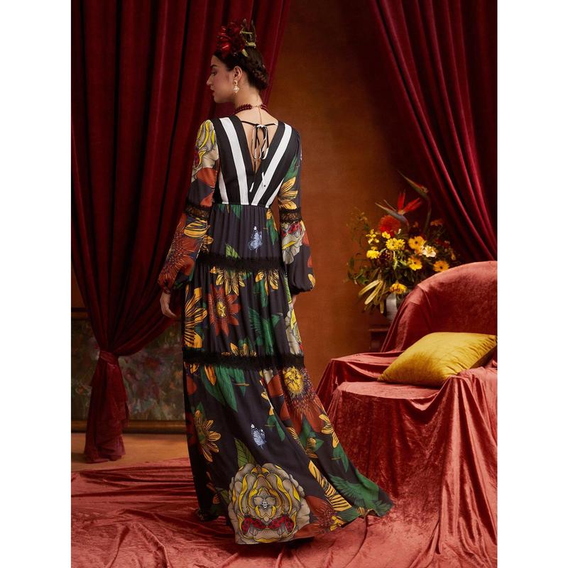 Frida Kahlo X SHEIN X Designer ISELACOS Floral Print Plunging Neck Lace Insert Dress Designer Elegant Dress, Fall Women Dress, For Autumn, Holiday, Party, Thanksgiving, Birthday Outfits, Spring, Festival