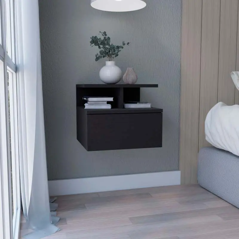 Floating Nightstand 12"H Wall Mounted with Single Drawer and 2-Tier Shelf Black
