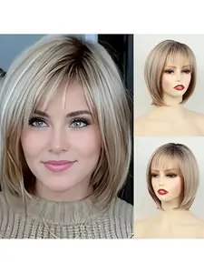 10 Inch Women's Fashion Bobo Head Short Straight Synthetic Wig, Student Cosplay Halloween Costume Hairpiece, All Seasons Wearable, Straight Bob Wigs