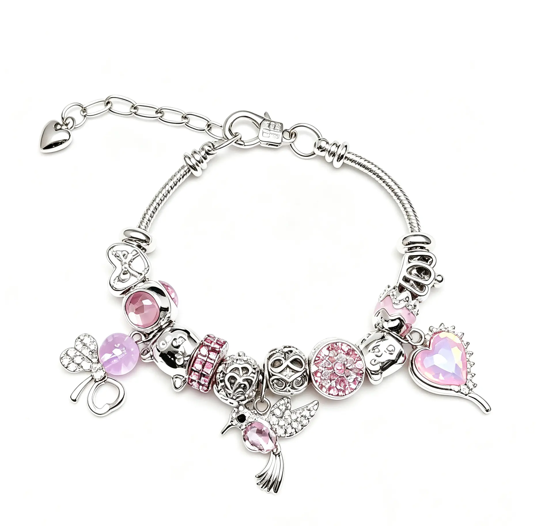Pink Charm Bracelet for Women Girls - Fashion Silver-Tone Snake Chain with Crystal Heart, Hummingbird & Owl Charms - Sweet DIY Beaded Jewelry Gift for Birthday, Valentine's Day