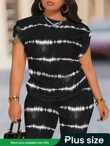 【Plus Size】 Two-Piece Set Tie Dye Print Tee & Shorts, Casual Short Sleeve T-shirt & Shorts, Women's Two-piece Set for Summer, Womenswear, Clothes