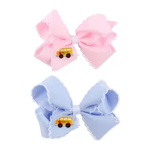 Classic Whimsy Bus Embroidered Moonstitch Hair Bow - Pink & Blue Grosgrain Bows with School Bus Design for Little Girls