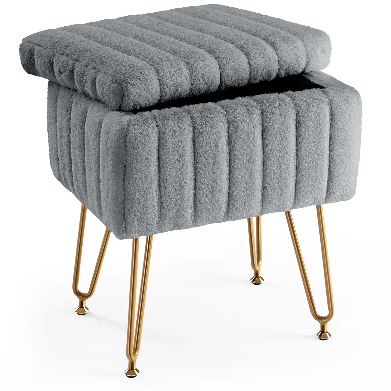 Vanity Stool Chair with Storage, Ottoman Faux Fur Soft Padded Makeup Footstools Seat with 4 Metal Legs Anti-Slip Adjustable Feet Modern