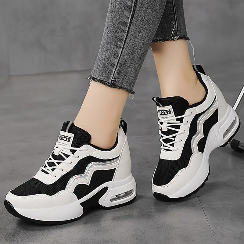 Breathable Sneakers - Women's Air Cushion Shock Absorption Casual Lace-Up Shoes with Heart Accent - Comfortable All-Season Footwear, Trendy, Lightweight, Fashion, Modern, Stylish, Classic