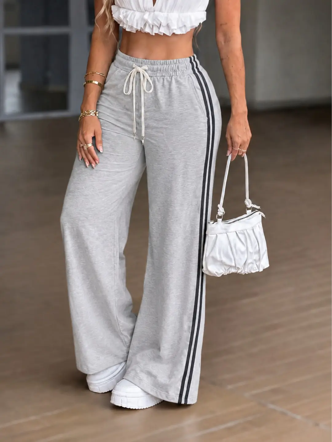 Women's 1-Pack Polyester Striped American Retro Straight-Leg High-Street Drawstring Joggers - Machine Washable Casual Athletic Loose Baggy Skater Streetwear Pants for Spring,Summer, Polyester Pants, Baggy Skater Pants