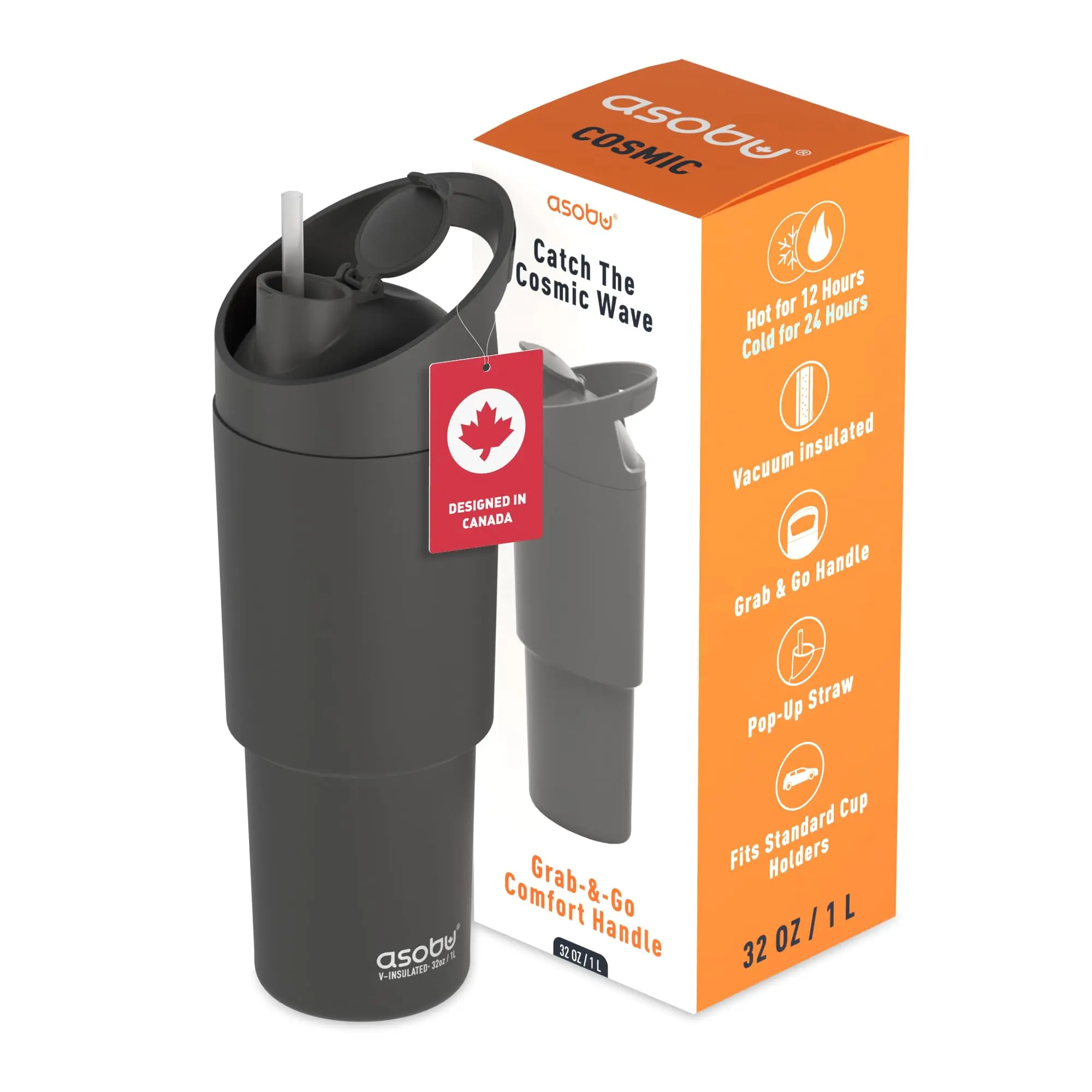 asobu Cosmic Water Bottle - 32oz/1 ltr Stainless Steel Chilled Water Bottle, Secure Grip Handle, Ideal for Travel, Fits Cup Holders, Keeps Beverages Cold, Black