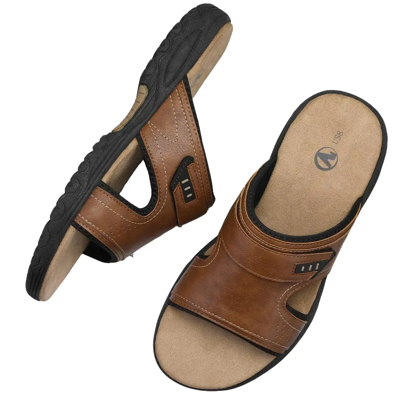 SHOESLOCKER Men's Leather Slide Sandals, Casual Slip-On Footwear with Adjustable Velcro Strap, Open-Toe Comfort for Summer Beach Use, Brown