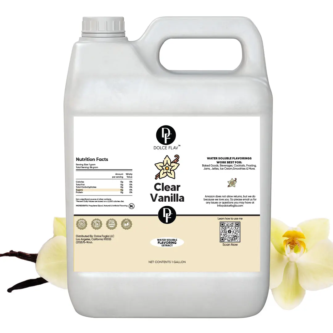 Dolce Flav Clear Vanilla Flavoring Water Soluble 1 Gallon Super Strength Dye-Free Pure Natural for Beverages Baked Goods & Sauces