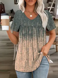 Plus Size Women's Summer Bestseller Gradient Striped V-Neck Shirt, Front Pleated Design with Curved Hem, Slimming and Flattering Fit
