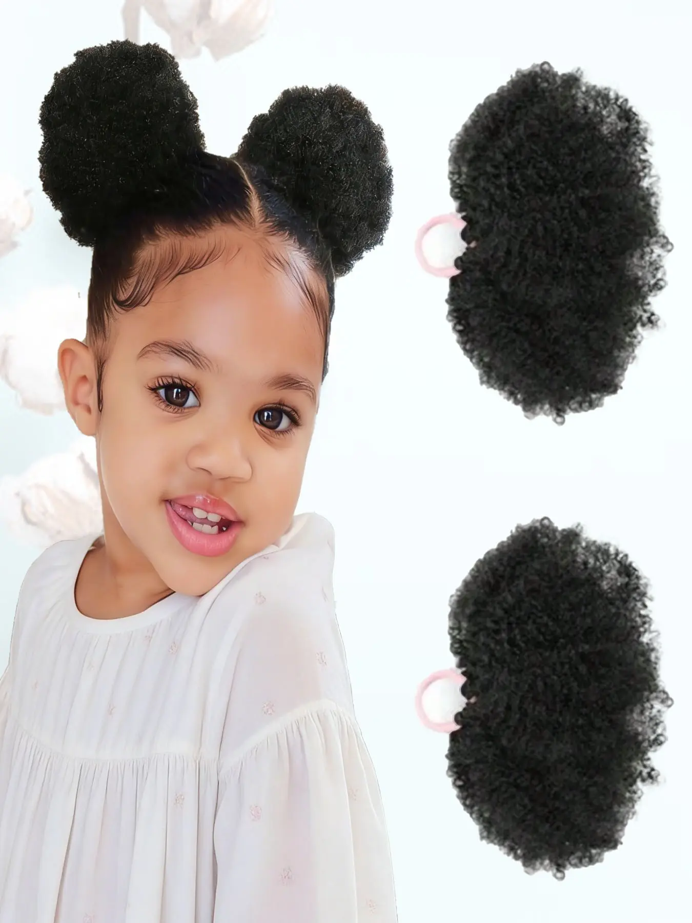 KAIRIYA 2-Pack Kid's Double Afro Puffs - Kinky Curly Hair Buns with Elastic Bands for Little Girls, Children, Cute Hair Accessories, Natural Black Synthetic Hair for Holiday Parties & Daily Wear, Elastic Hair Accessory