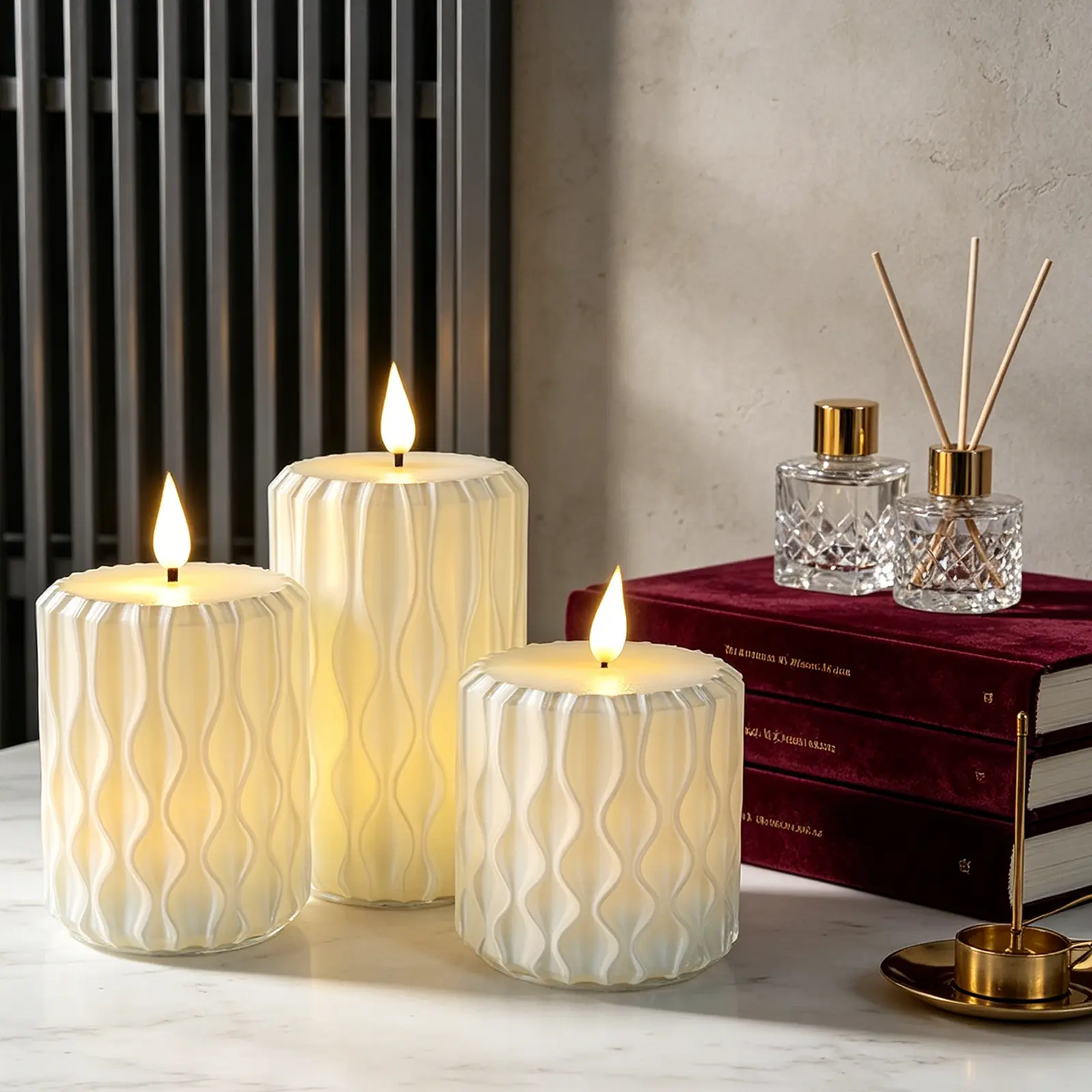 3Pcs Flameless LED Candles | Wavy Textured Pillar Candles | Battery Operated Fake Candles for Home Decor, Wedding & Halloween