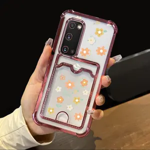 Summer Cute Childlike Flowers Transparent Plating Card Holder Slot Phone Case with Elegant Protector Compatible with Samsung Galaxy S20 Protective Cover