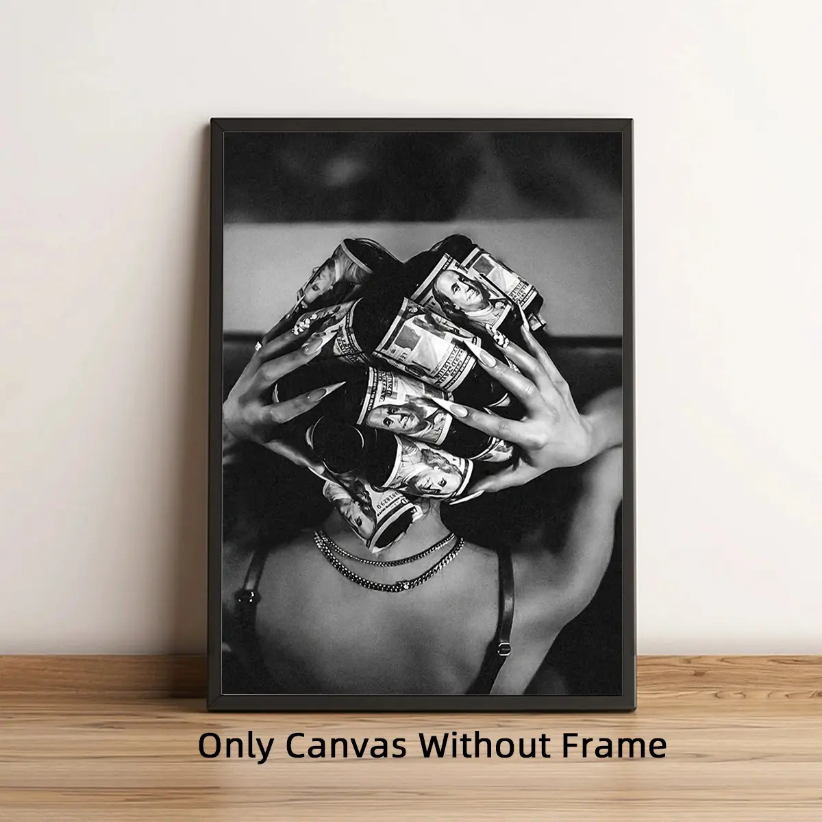 1pc Optinal Frame Black and White Woman with Money on Head Canvas Poster, Waterproof Wall Art, Modern Artwork Wall Painting For Gift, Retro Girl Room Decor, Home Decoration, Vintage Wall Art, Artistic Indoor Decoration