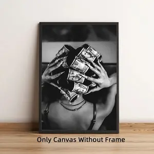 1pc Optinal Frame Trendy Black and White Woman with Money on Head Canvas Poster, Waterproof Wall Art, Modern Artwork Wall Painting For Gift, Retro Girl Room Decor, Wall Picture Decor For Bedroom, Living Room, Bathroom, Home Decoration, Vintage Wall Art