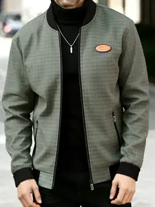 Men's Lightweight Casual Jacket, Zipper Closure, Plaid Checked Fabric, Long Sleeve, Spring & Fall Outerwear