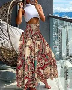 Women's Paisley Print Boho Pants Wide Leg Baggy Pants Elastic High Waisted Summer Lounge Beach Trousers