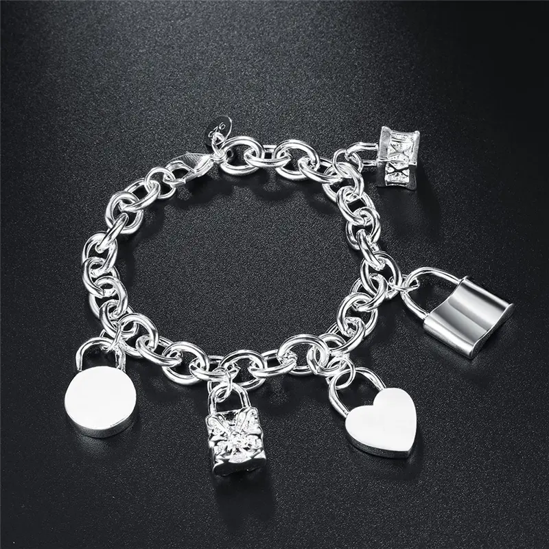 Women's 20cm Silver Exquisite Solid Chain Bracelet - Lock Charm with Heart-Shape Basket Locker, Wedding-Ready Fashion Costume Jewelry