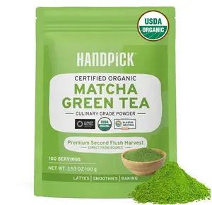 HANDPICK Japanese Organic Matcha Green Tea Powder (100 Servings) - Authentic Premium Second Flush Harvest | Resealable Ziplock Pouch
