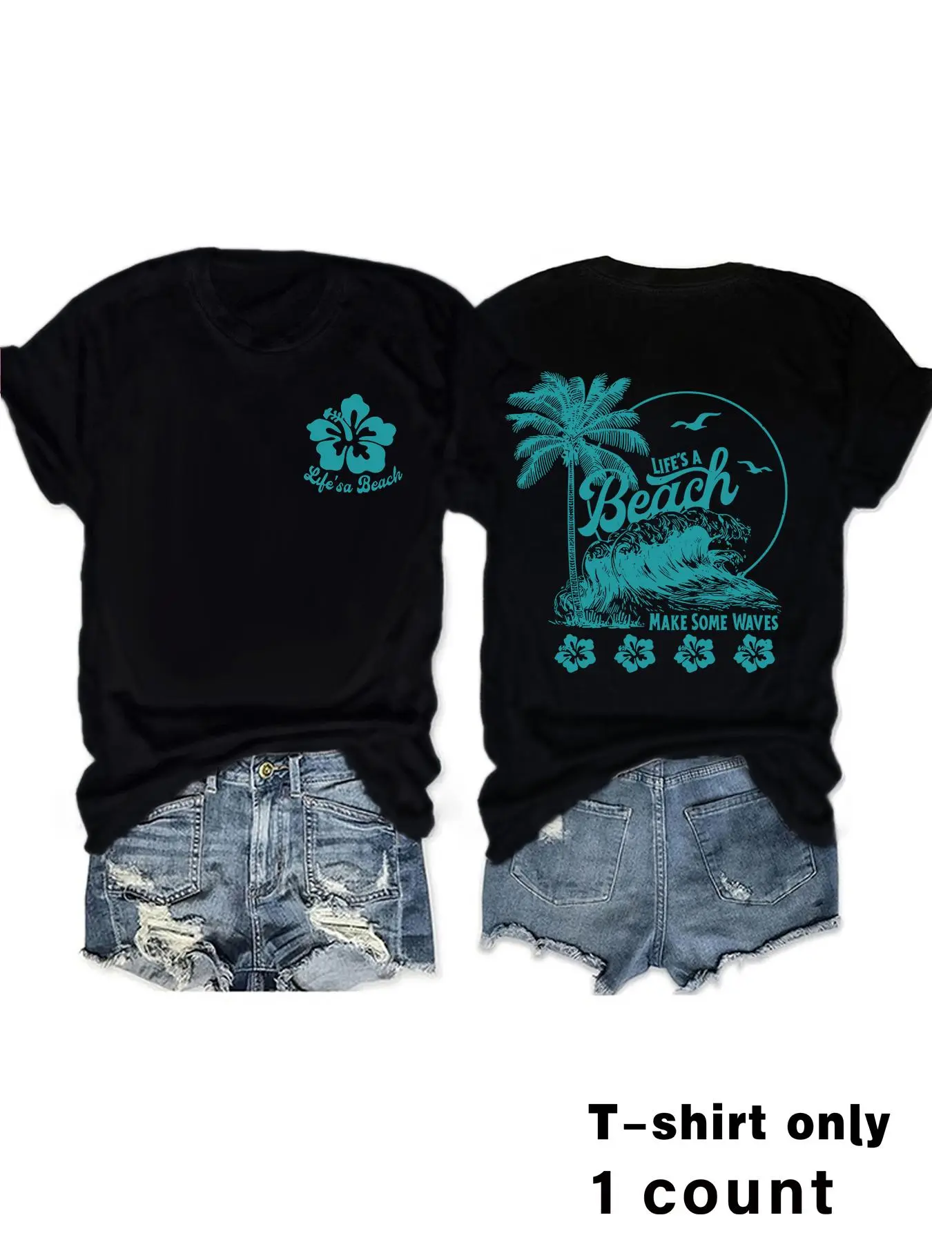 Women's Vintage Tropical Print Round Neck Graphic Tee, Artwork Tee, Casual Short Sleeve T-shirt for Summer, Ladies Clothes for Beach Vacation, Casual Comfy Fashion, Beachy Tee, Top, Womenswear