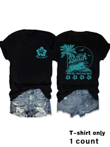 Women's Vintage Tropical Print Round Neck Graphic Tee, Casual Short Sleeve T-shirt for Summer, Ladies Clothes for Beach Vacation, Casual Comfy Fashion, Top, Womenswear