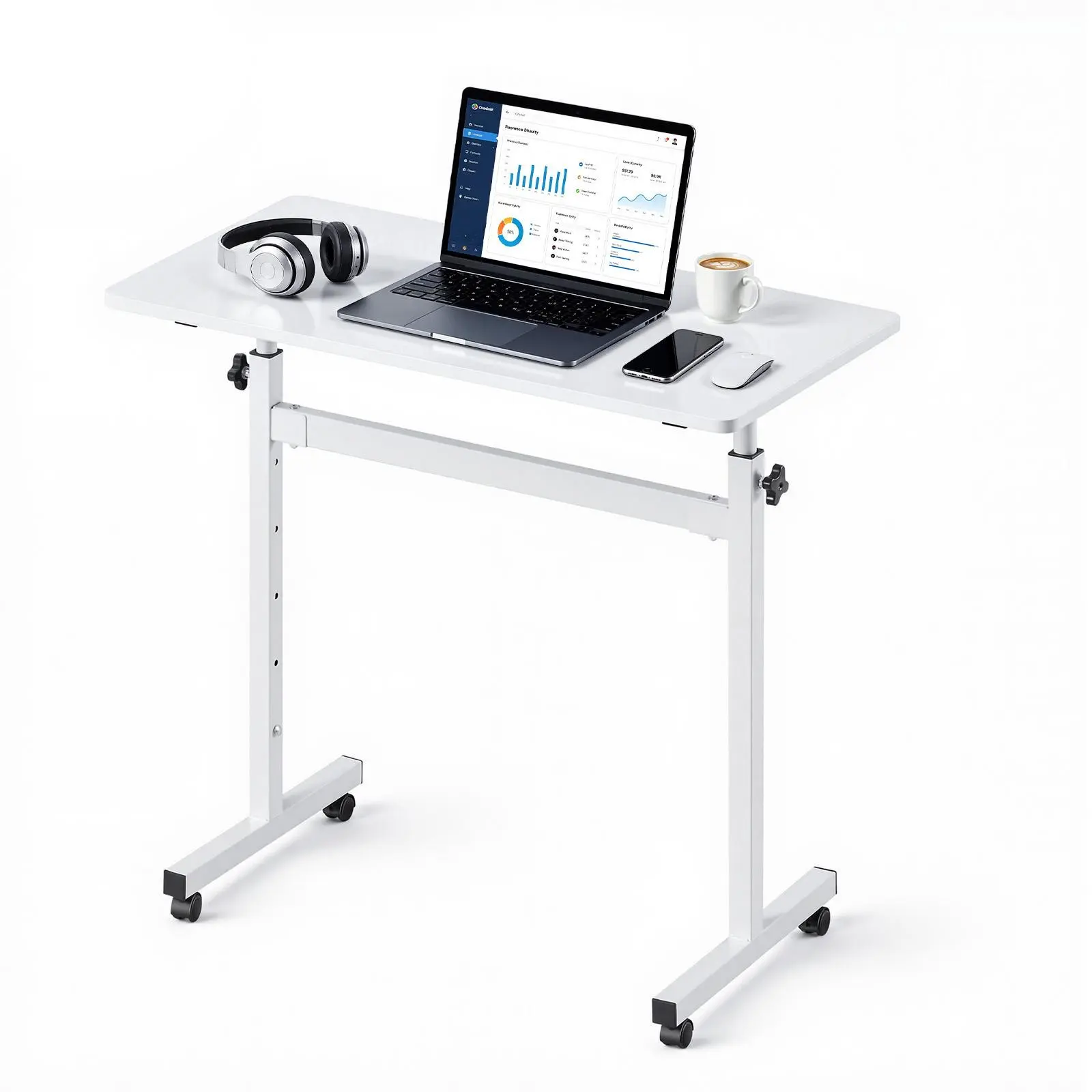 VEVOR Standing Desk, Adjustable Height Mobile Stand Up Desk with Lockable Casters, 32 x 16 in Small Computer Sit Stand Rolling Workstation with Hook, 55.1 lbs Desktop Capacity, for Home Office, White