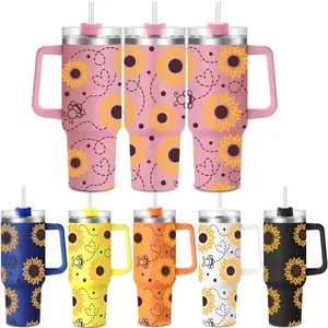 Sunflower Pattern Stainless Steel Tumbler, 1 Count 40oz Double Wall Vacuum Insulated Travel Mug, Drinking Cup for Home Office School, Drinkware