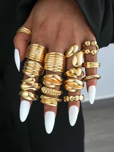 16-Piece Metal Chunky Ring Set, Fashionable Vintage Elegant Geometric Stackable Rings, Party Date Birthday Gift Jewelry Accessories