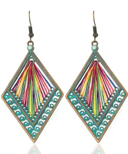 Soul Statement Rainbow Thread Dangle Earrings for Women - Boho Geometric Festival Jewelry in Bronze & Teal