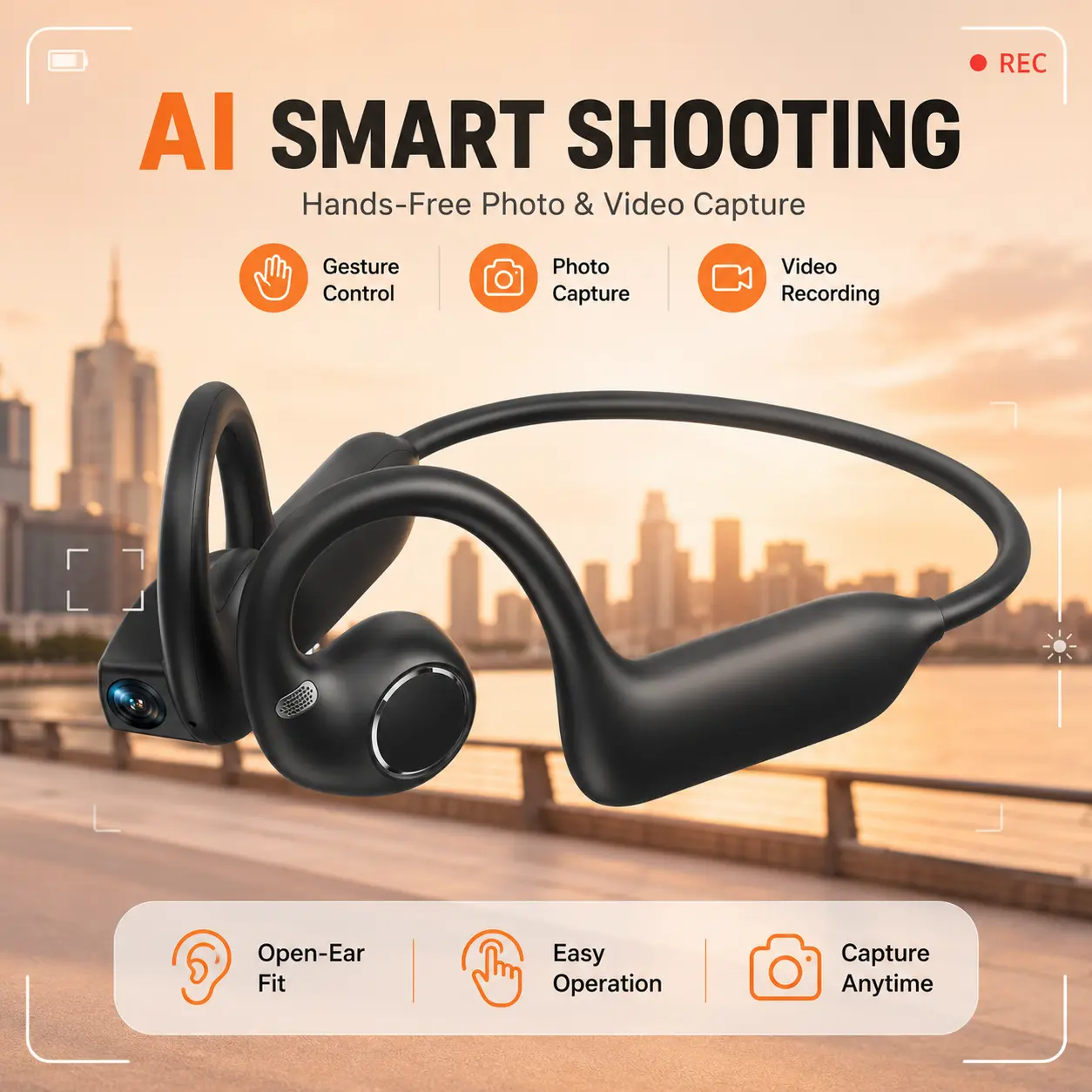 Smart Shooting AI Glasses Bone Conduction Headphones with Camera, Hand-Free POV Camera Headphones, AI Smart Conversation Open-Ear Bluetooth Wireless Sport Earphones with APP, AI Functions for Running and Travel