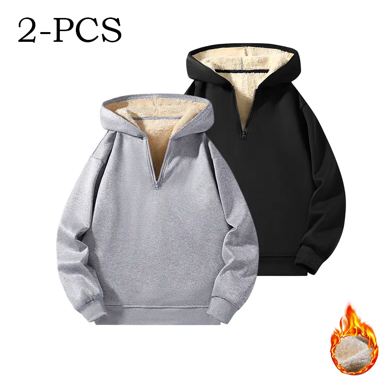 Men's Soft Plush Hoodie, Plain Half-Zip Fleece Pullover, Stylish Thermal Sweatshirt for Casual Winter Layering, Fabric, Menswear