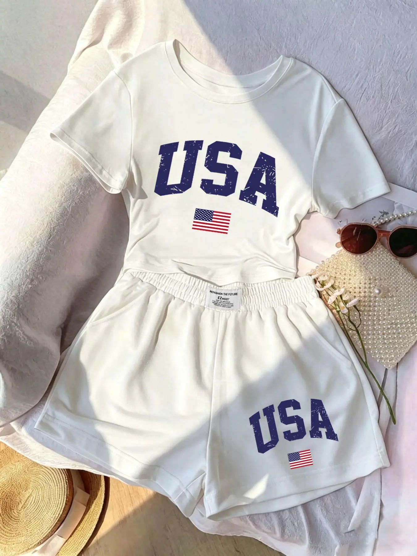 Patriotic American Flag 2 Piece Tracksuit Women's Short Outfit with Pockets Shorts Set Tracksuits Casual Sports Style Casual Sporty Set