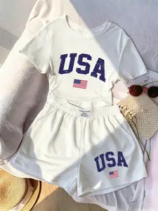 Patriotic American Flag 2 Piece Tracksuit Women's Short Outfit with Pockets Shorts Set Tracksuits Casual Sports Style