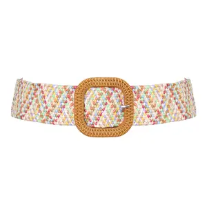 OIDEA Female Boho Style Belt - Handwoven Colorful Wide-Band Elastic Stretch Trendy No-Hole Accessory with Vintage Solid Adjustable Buckle for Jeans, Dresses