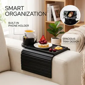 Confirm SINWANT Rustic Rectangular Acacia Wood Couch Armrest Tray, 18.99" Foldable Anti-Slip Lap Caddy with 360° Rotatable Phone Holder, Solid Bamboo Tabletop & Foldable Leg Stand for Snacks Remote Storage