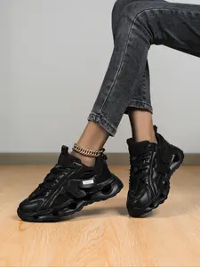 Women's Lace Up Platform Sneakers, Trendy Sneakers, Casual Comfortable Breathable Black Sports Shoes, Female All-match Round Toe Chunky Sneakers for Daily Life, Thick Sole Sneakers, Lifestyle Sneakers, Casual Sporty Sneakers
