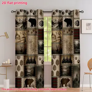 2D Flat 2Pcs Nature-Inspired Patchwork Curtain Panels, Rustic Bear Deer Cabin Forest Landscape Print, Semi Sunshade Perforated Design for Home Living Room Bedroom Balcony Kitchen Study Window Decor, Accessory, Anti Privacy.