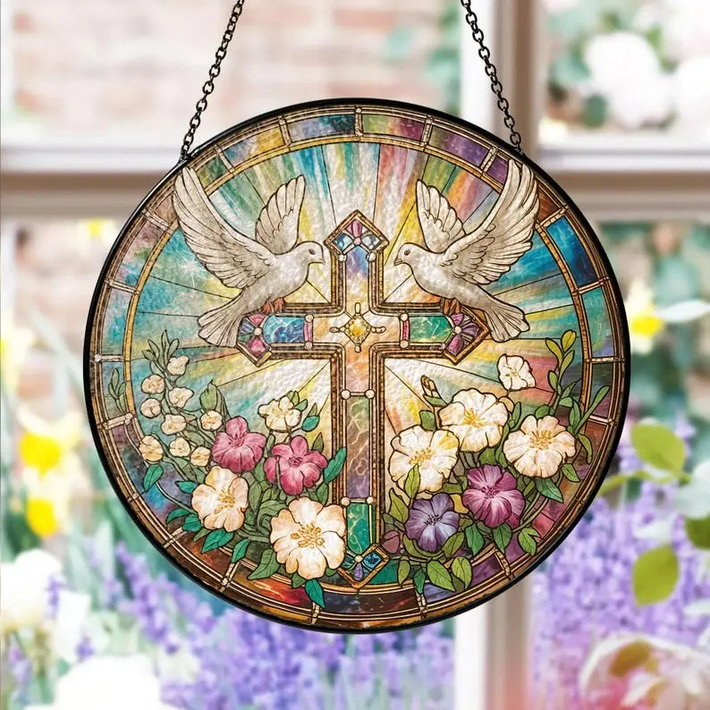 Stained Glass Cross Suncatcher: Holy Spirit Dove, Christian Gift